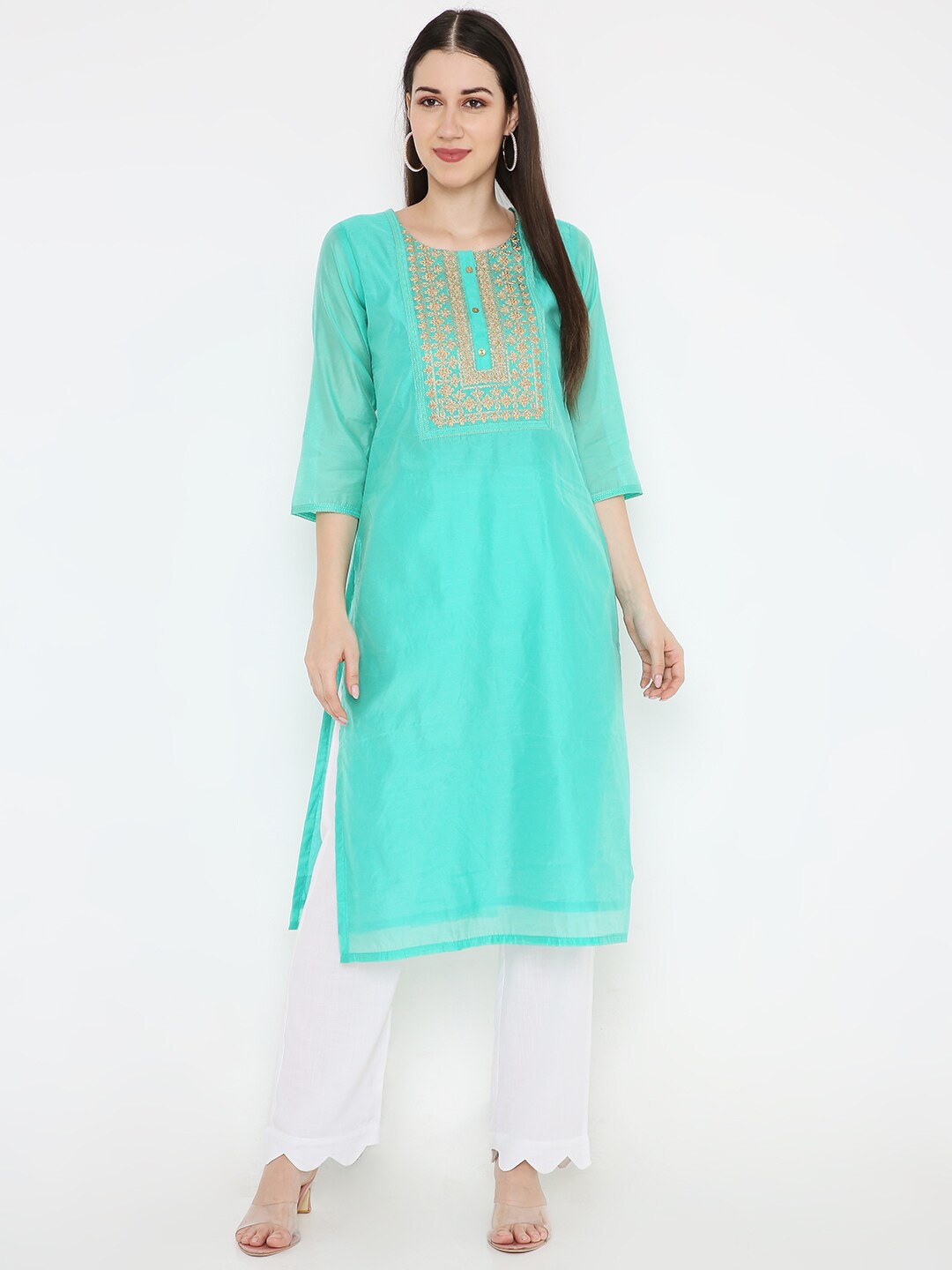 

Peppertree Women Green Ethnic Motifs Embroidered Thread Work Chanderi Silk Kurta