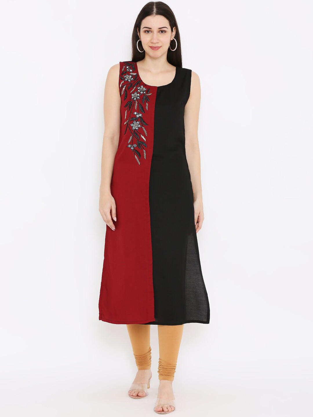 

Peppertree Women Black & Maroon Colourblocked Kurta