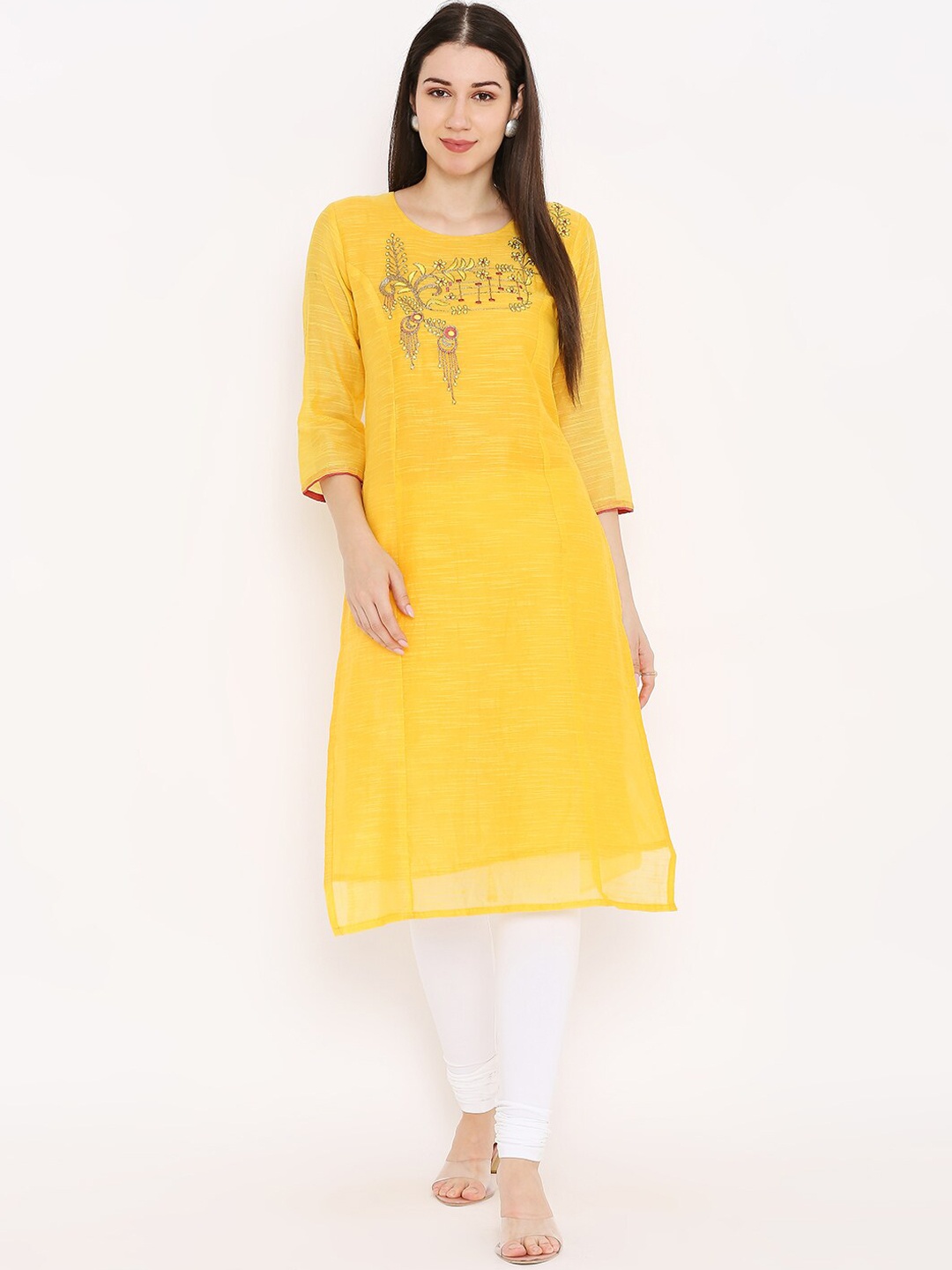 

Peppertree Women Yellow Ethnic Motifs Embroidered Thread Work Chanderi Silk Kurta