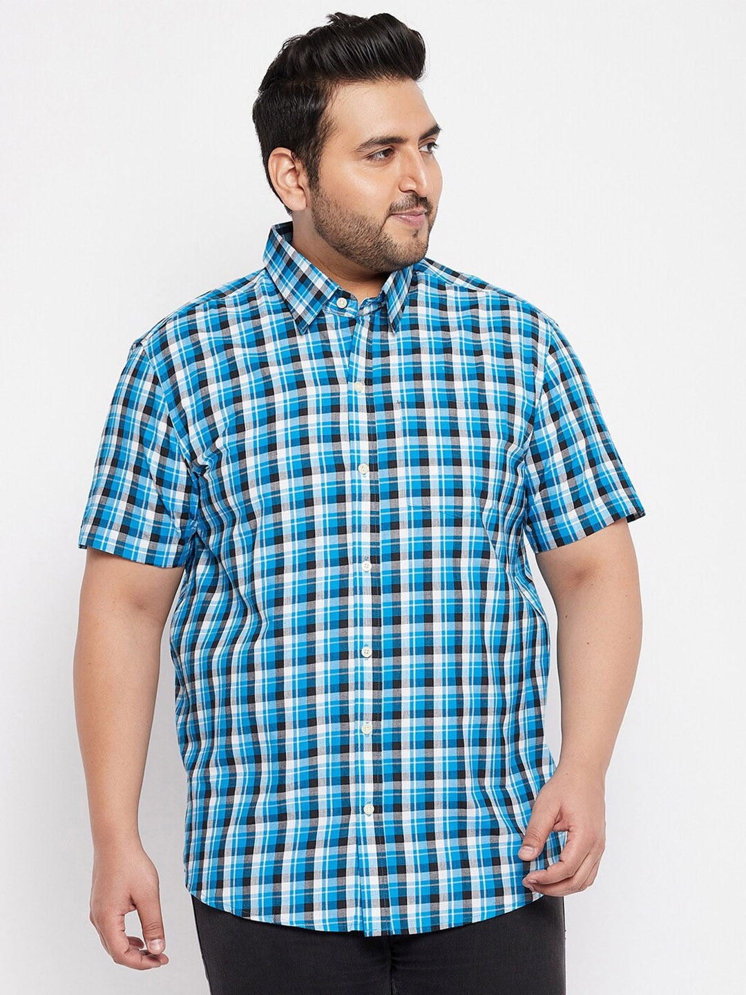 

bigbanana Men Plus Size Blue Classic Plus Size Tartan Checks Casual Shirt