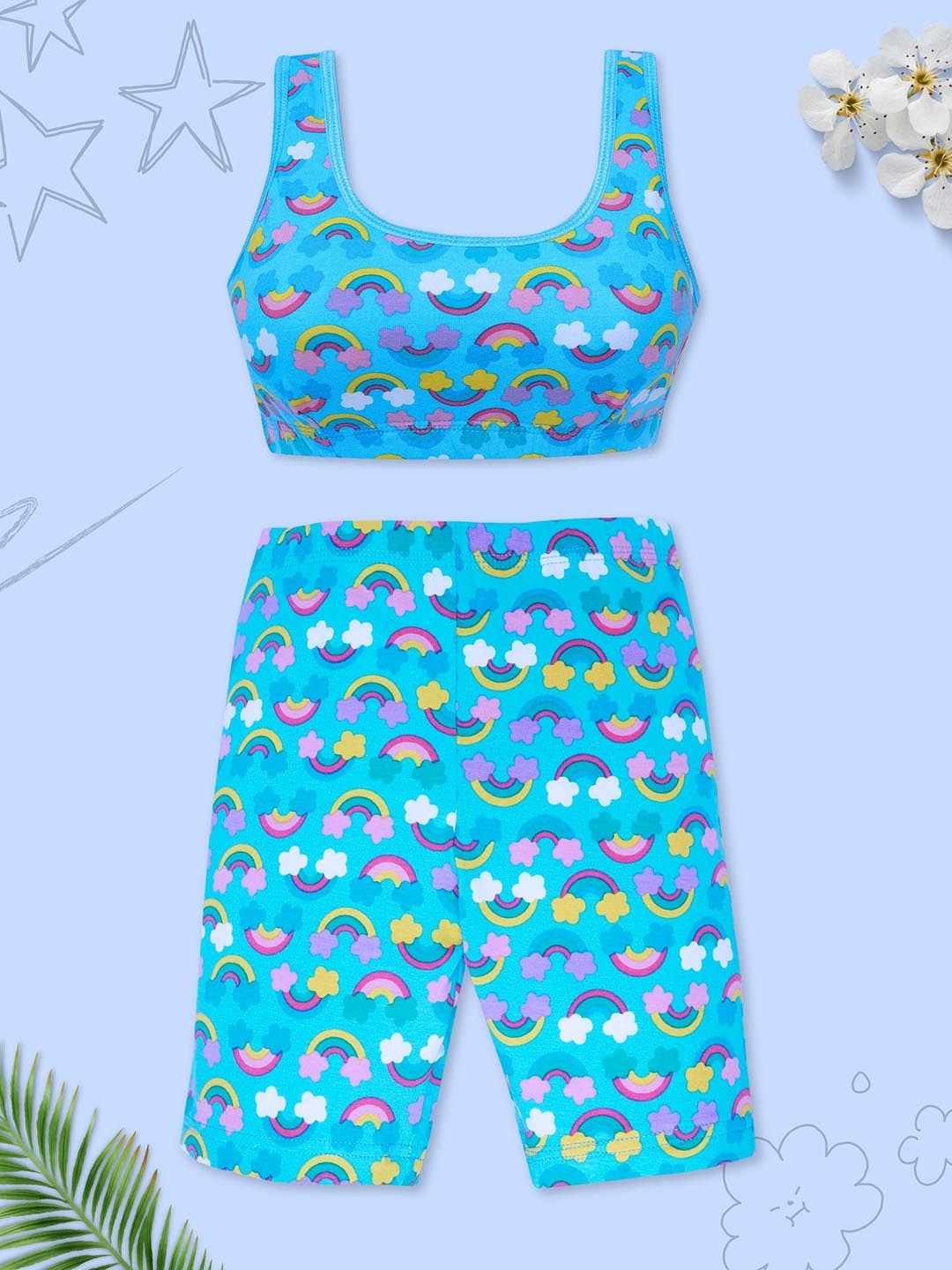 

DChica Girls Set Of 2 Blue & Yellow Printed Crop Top with Cycling Shorts