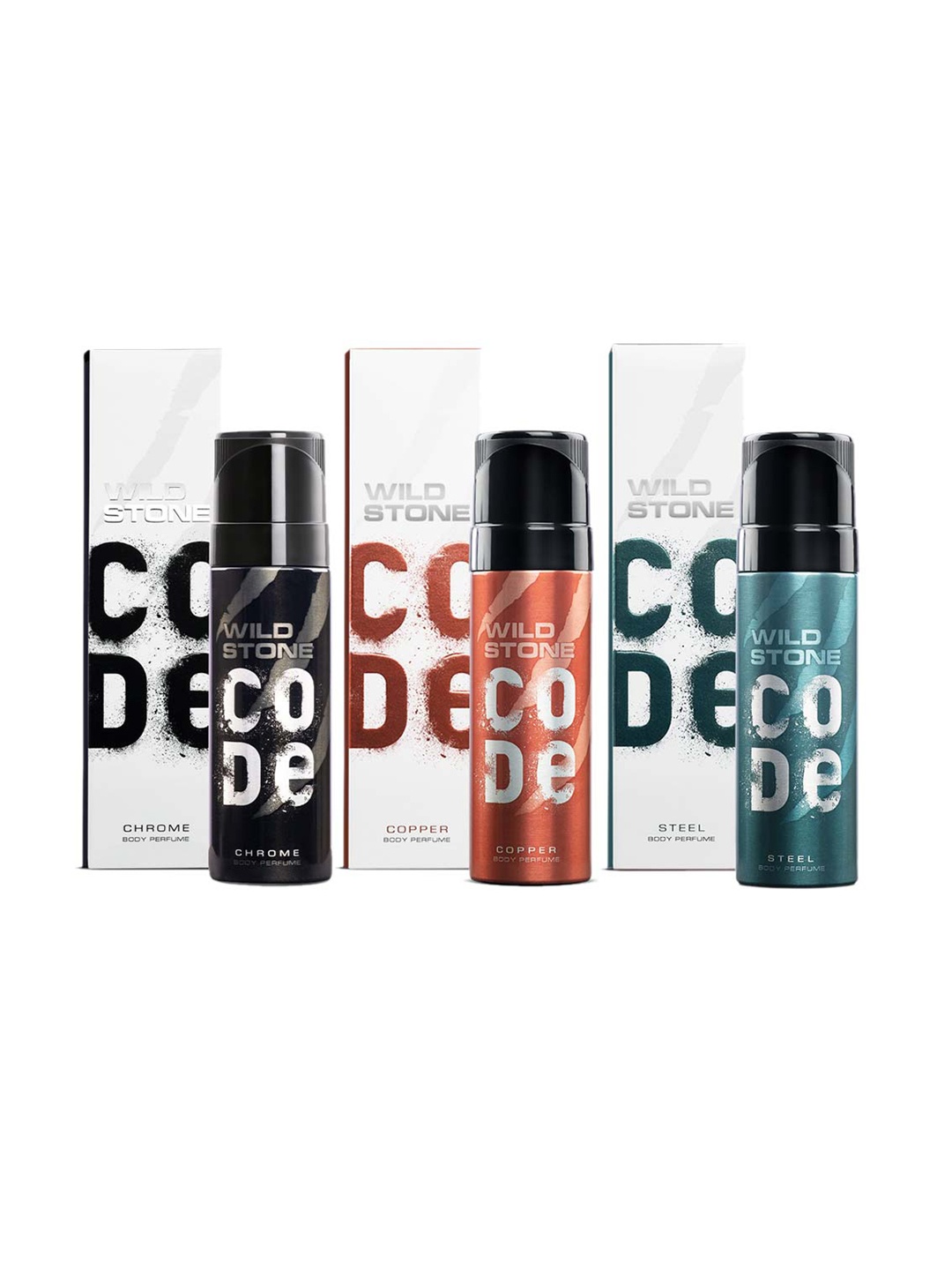 

Wild stone Men Set of 3 Long Lasting Code Deodorant - Steel + Copper + Chrome- 150 ml Each, Black