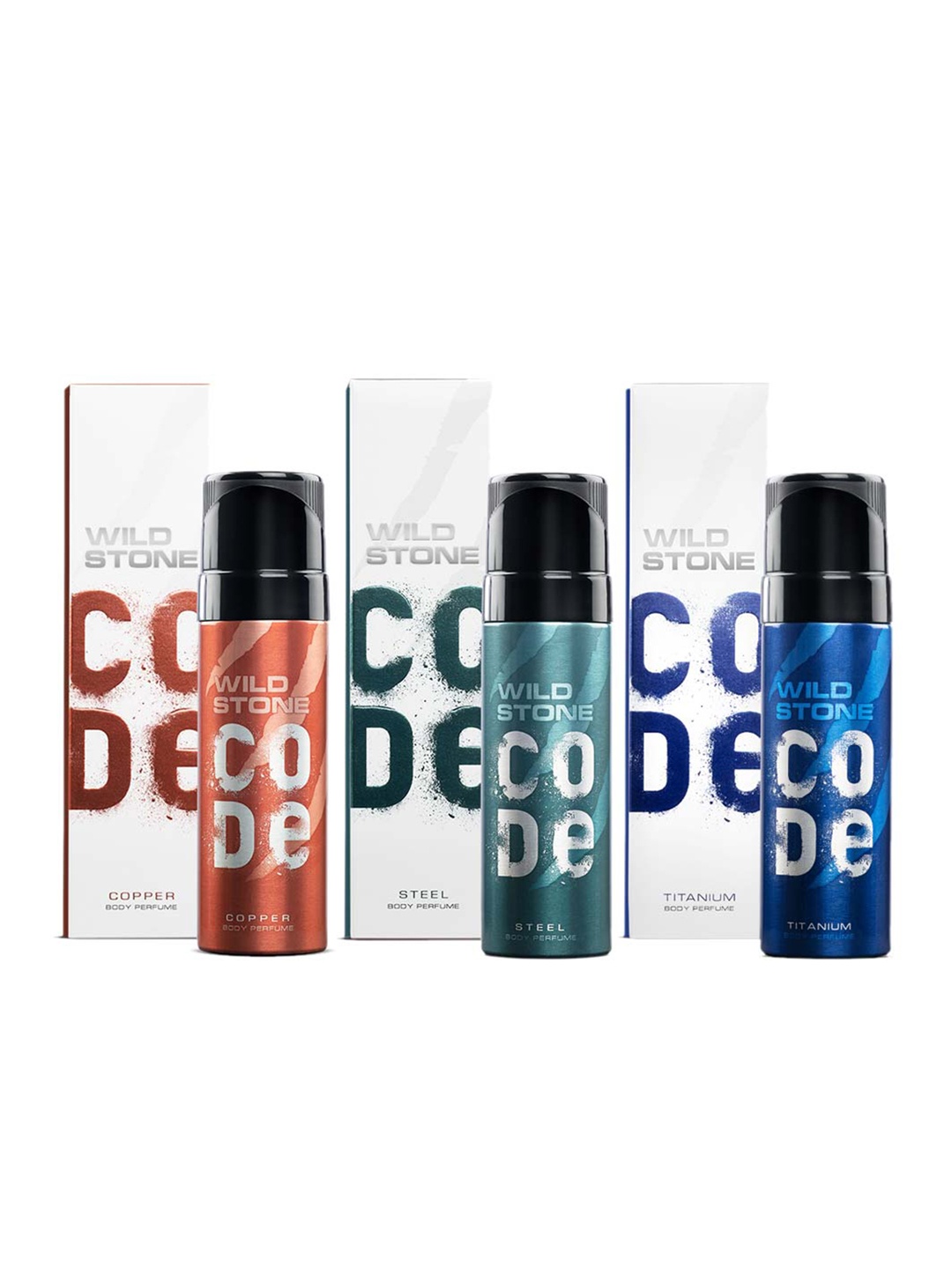 

Wild stone Men Set of Code Copper + Steel + Titanium No Gas Body Perfumes - 150 ml Each, Blue