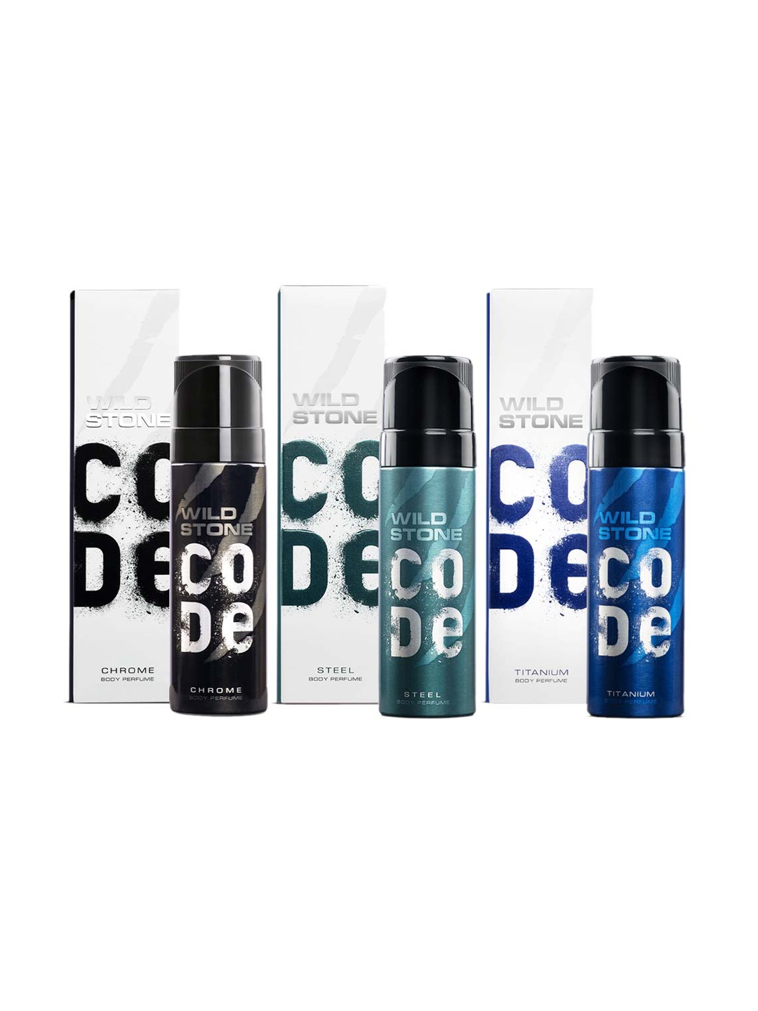 

Wild stone Men Set of Code Chrome + Steel + Titanium Body Perfume Deodorants - 150ml Each, Black