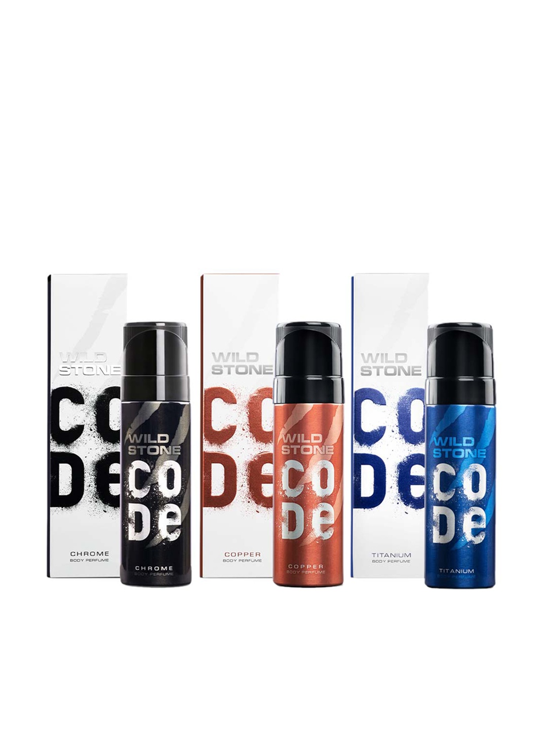 

Wild stone Men Set of Code Chrome + Copper + Titanium Body Perfume Deodorants - 150ml Each, Black