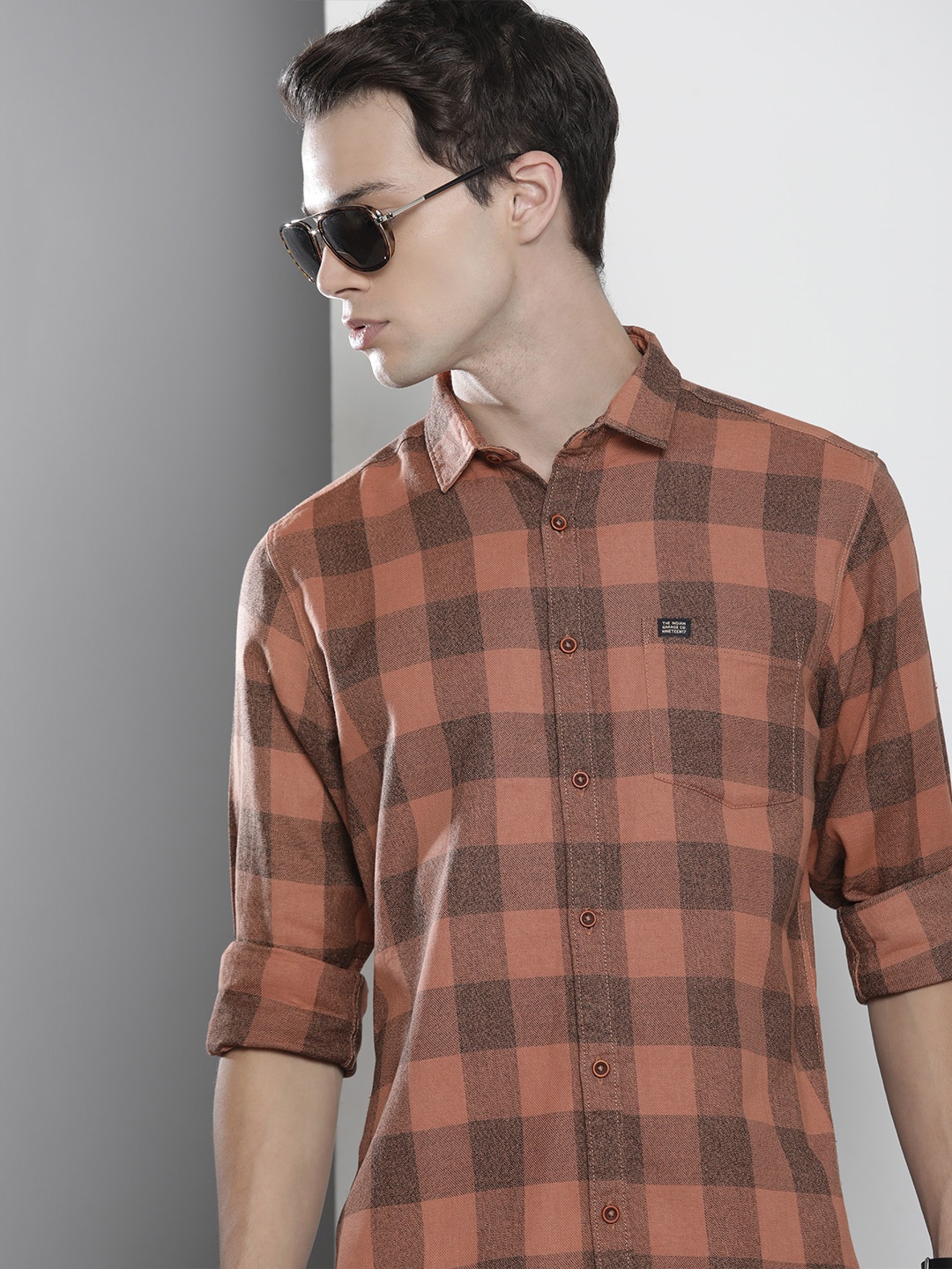 

The Indian Garage Co Men Rust Checked Cotton Casual Shirt