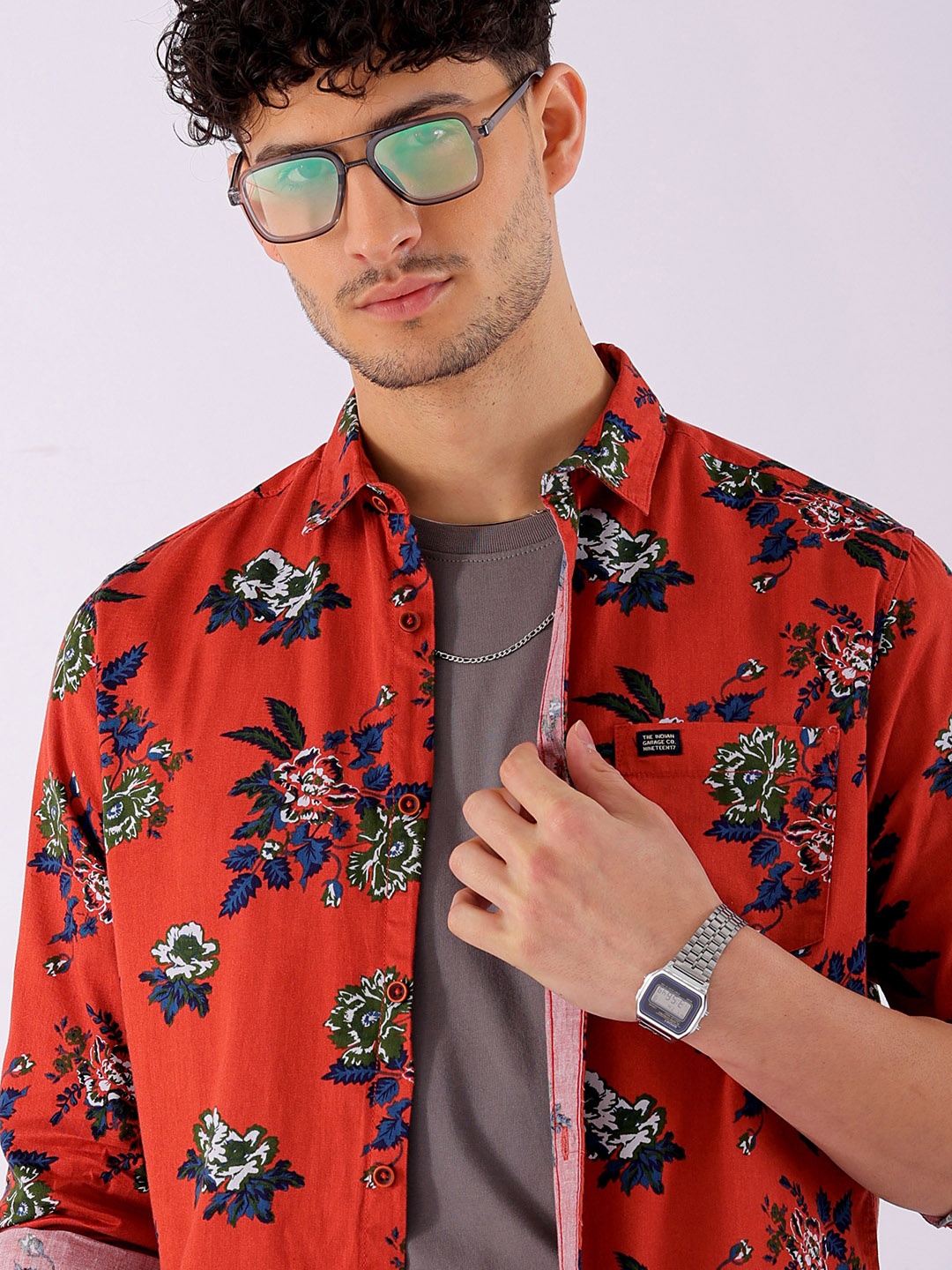 

The Indian Garage Co Men Rust Orange Floral Print Cotton Casual Shirt