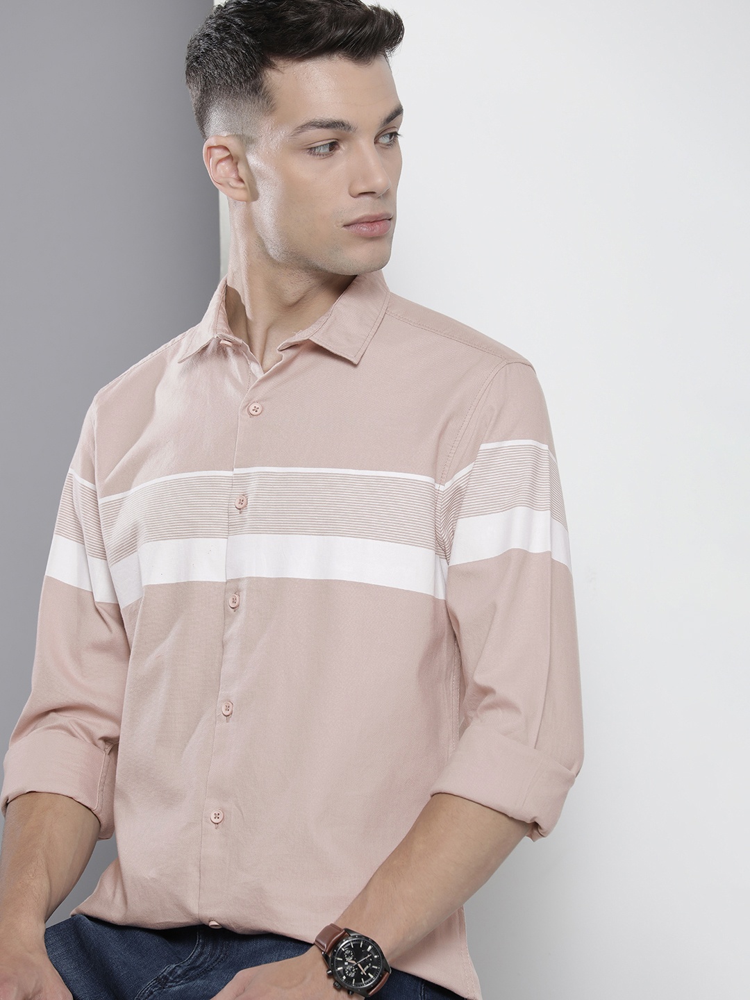 

The Indian Garage Co Men Dusty Pink Horizontal Stripes Casual Cotton Shirt