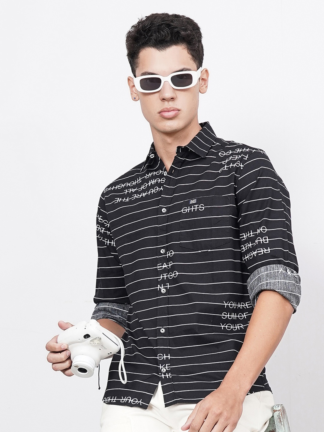 

The Indian Garage Co Men Black & White Horizontal Striped Casual Shirt