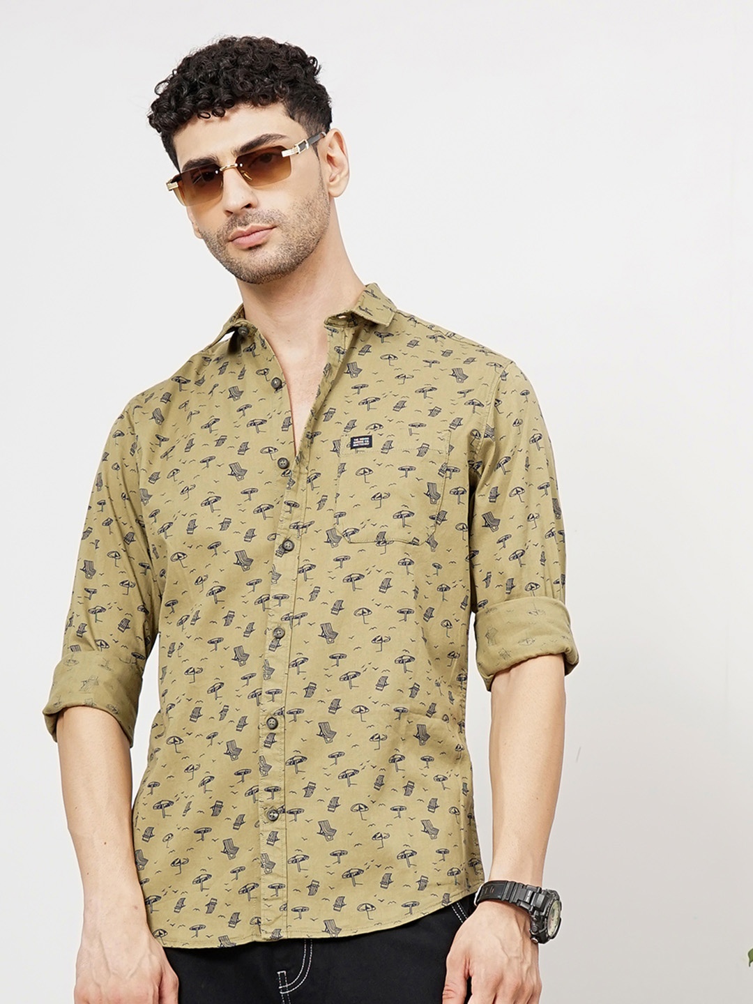 

The Indian Garage Co Men Olive Green Cotton Printed Casual Shirt