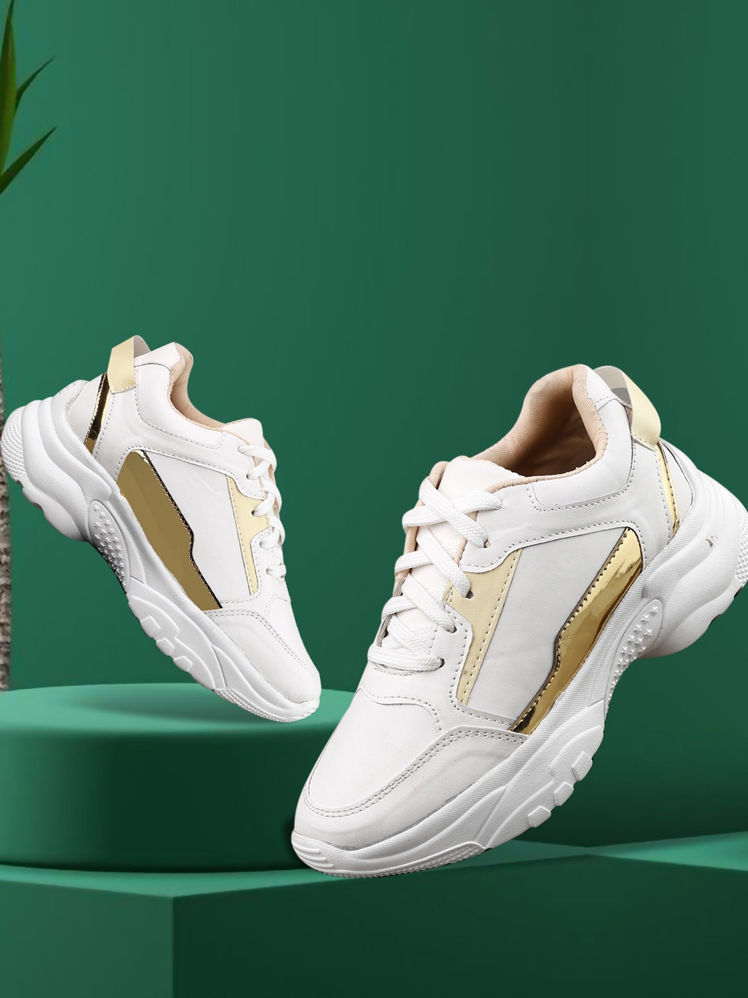 

mr wonker Women White & Gold-Toned Colourblocked High-Top Sneakers