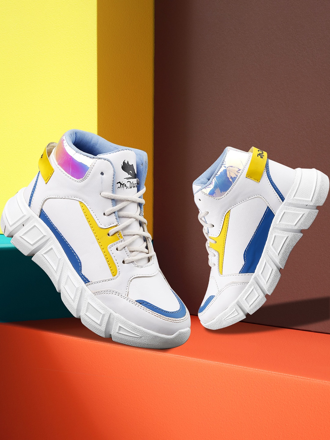 

mr wonker Women White Colourblocked High-Top Sneakers