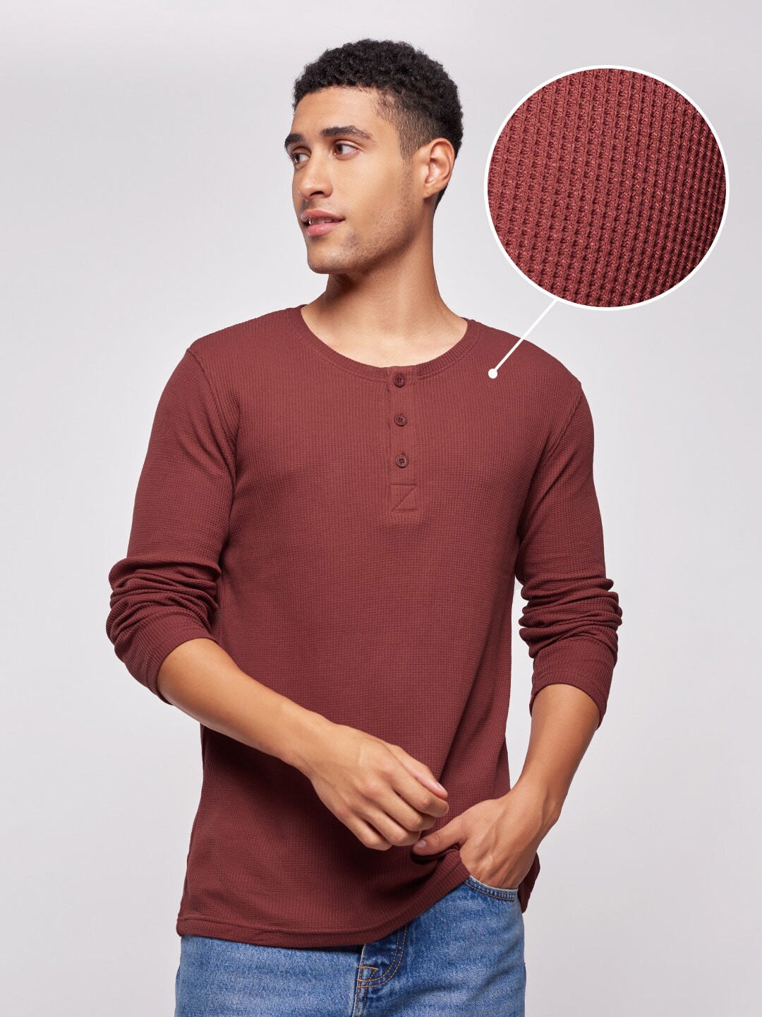 

The Souled Store Men Brown Henley Neck T-shirt