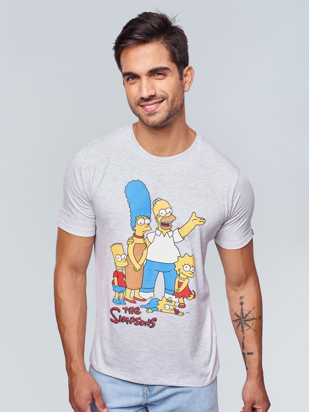 

The Souled Store Men Grey Melange The Simpsons Printed Pure Cotton T-shirt