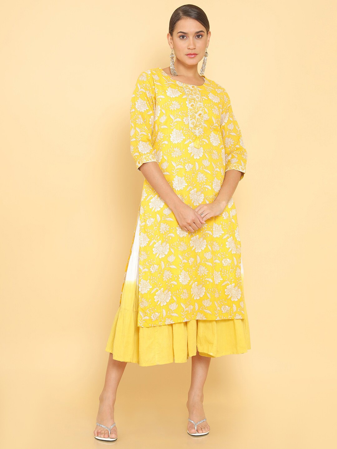

Soch Women Mustard Yellow & White Floral Printed Pure Cotton Floral Kurta