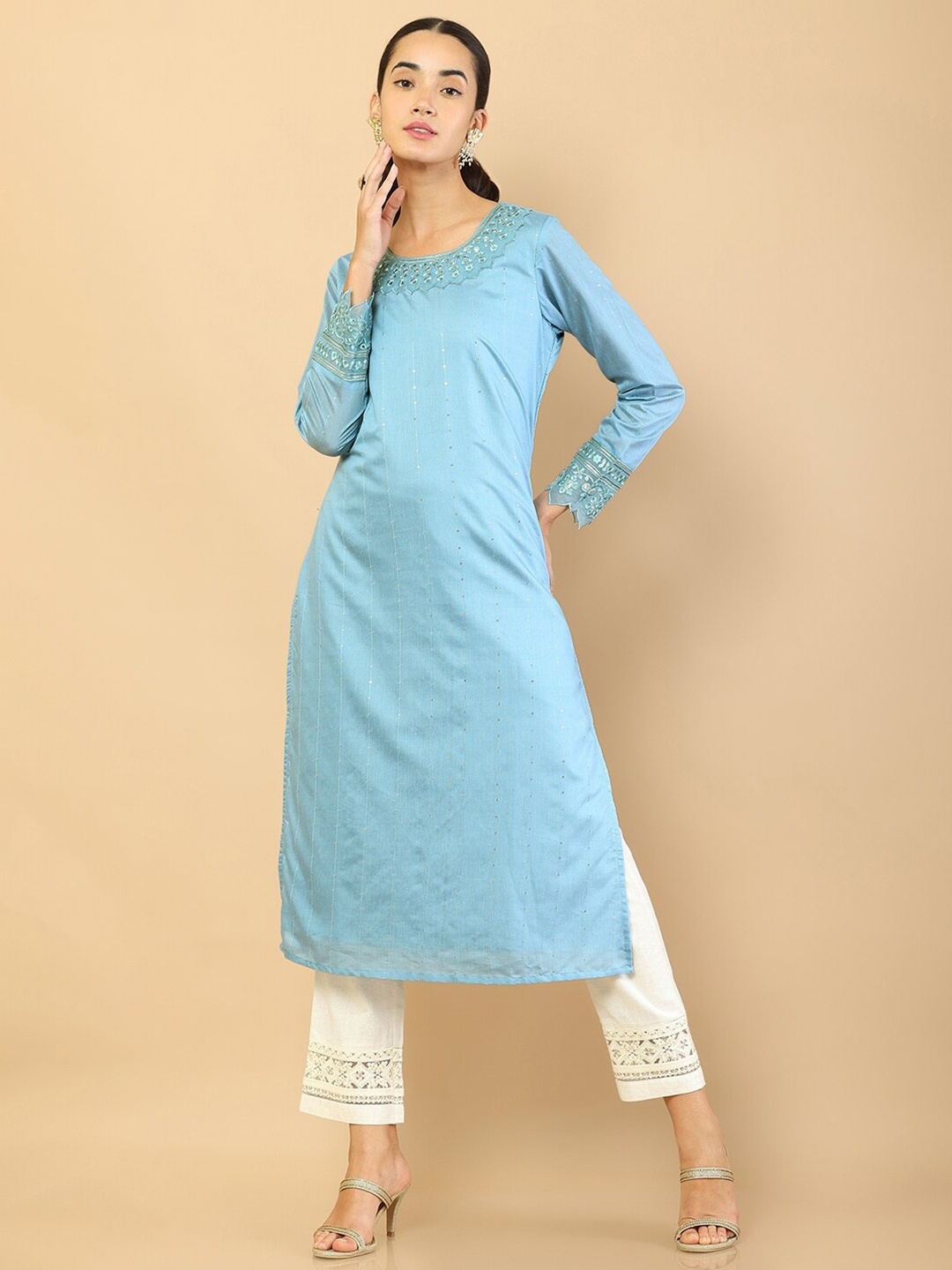 

Soch Women Blue Embroidered Pure Silk A-line Kurta