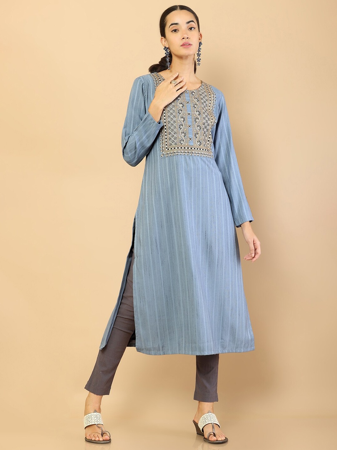 

Soch Women Blue & Black Ethnic Motifs Embroidered Kurta