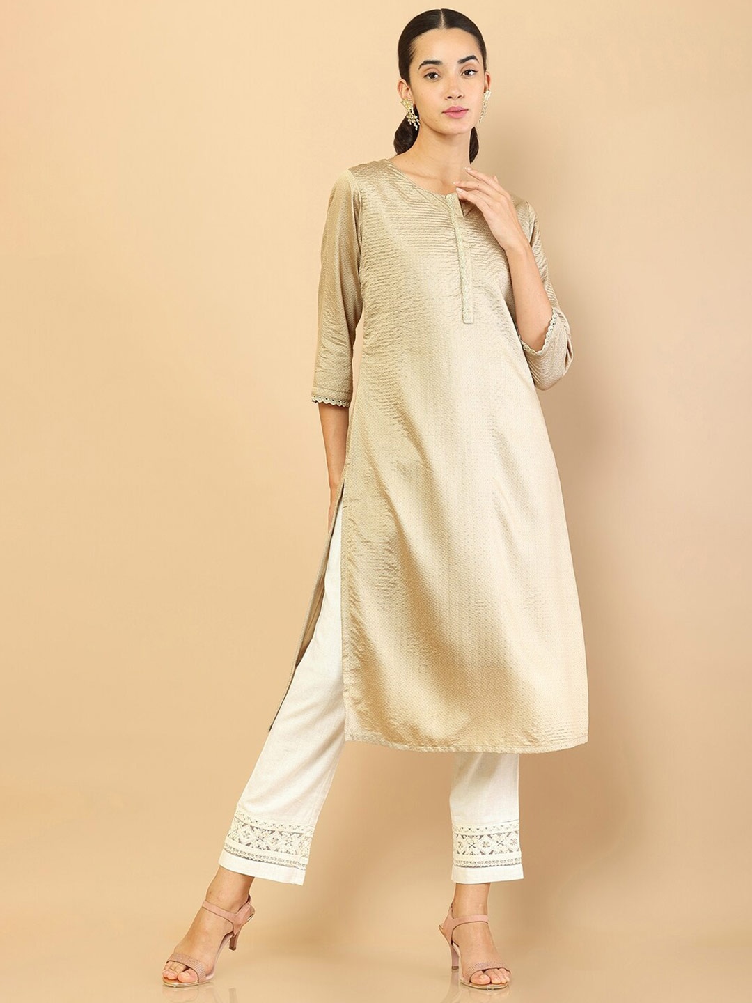 

Soch Women Beige Solid Chanderi Silk Kurta