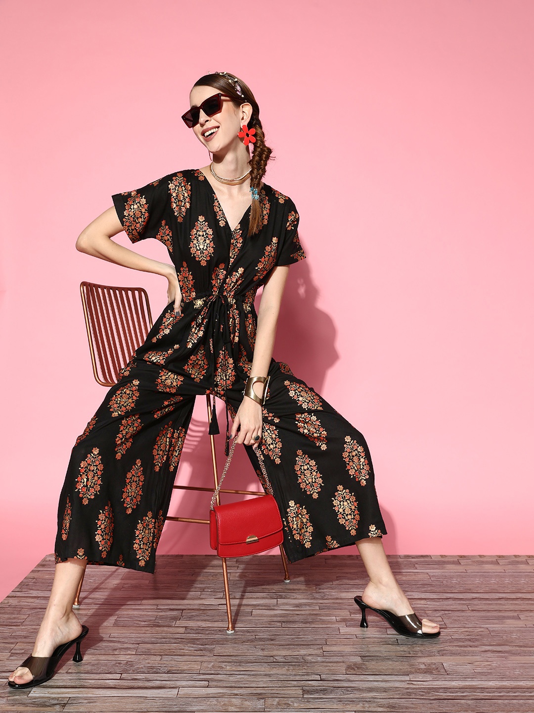

InWeave Black & Golden Printed Basic Jumpsuit