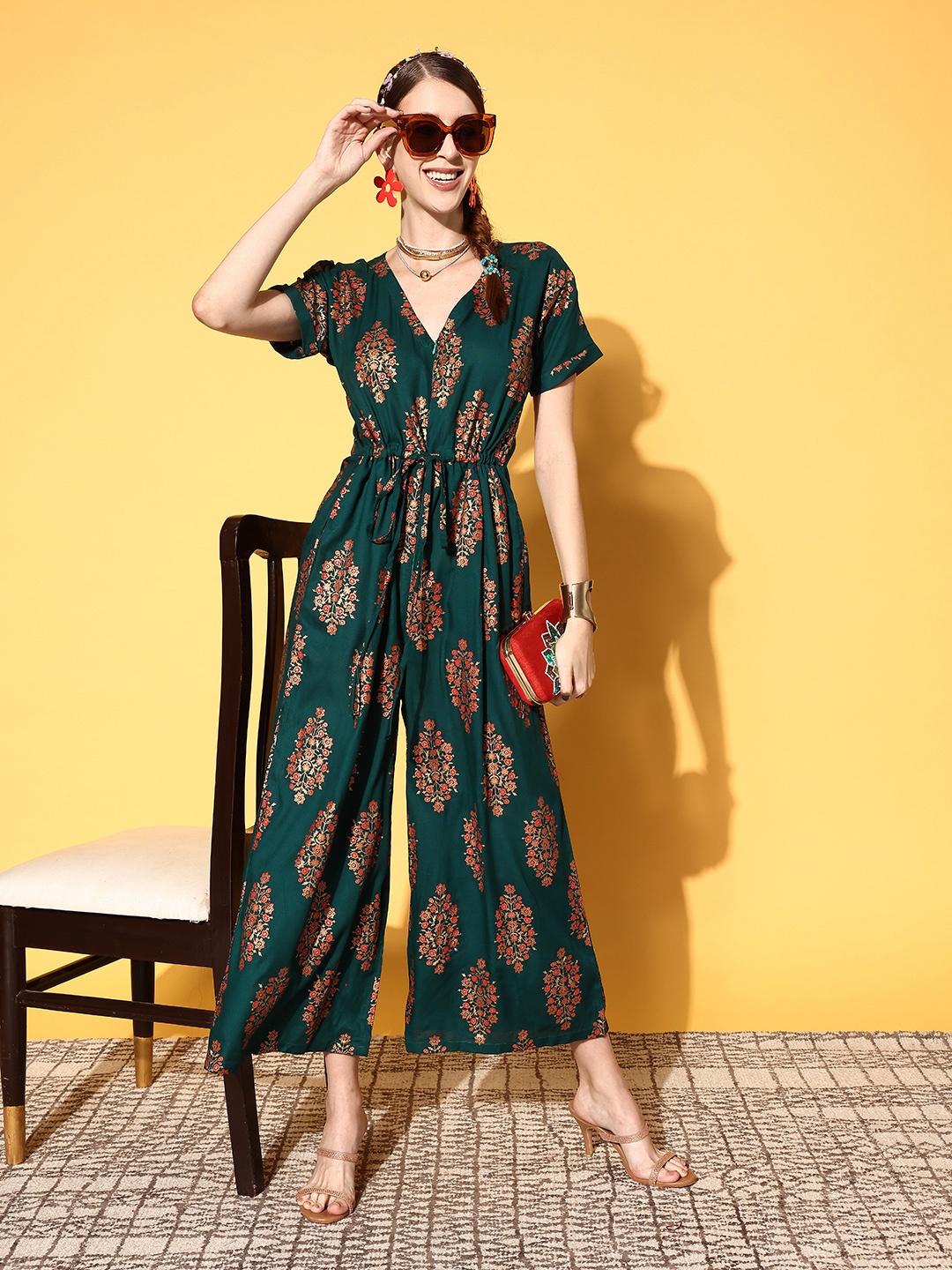 

InWeave Green & Golden Printed Basic Jumpsuit