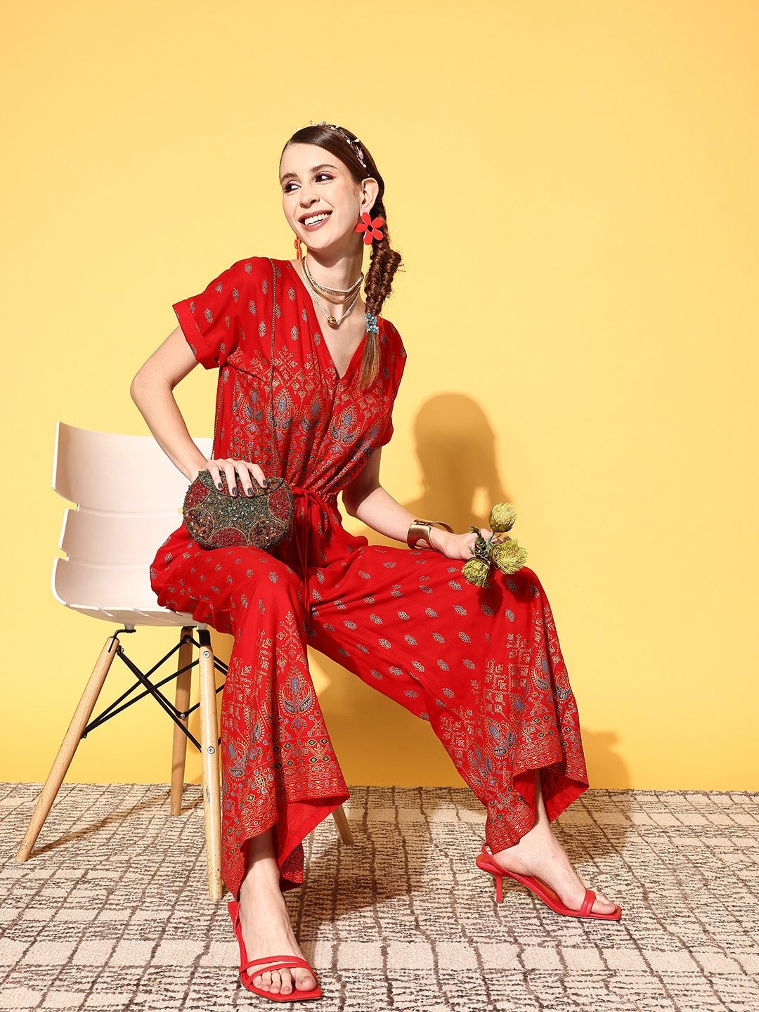 

InWeave Red Printed Basic Jumpsuit