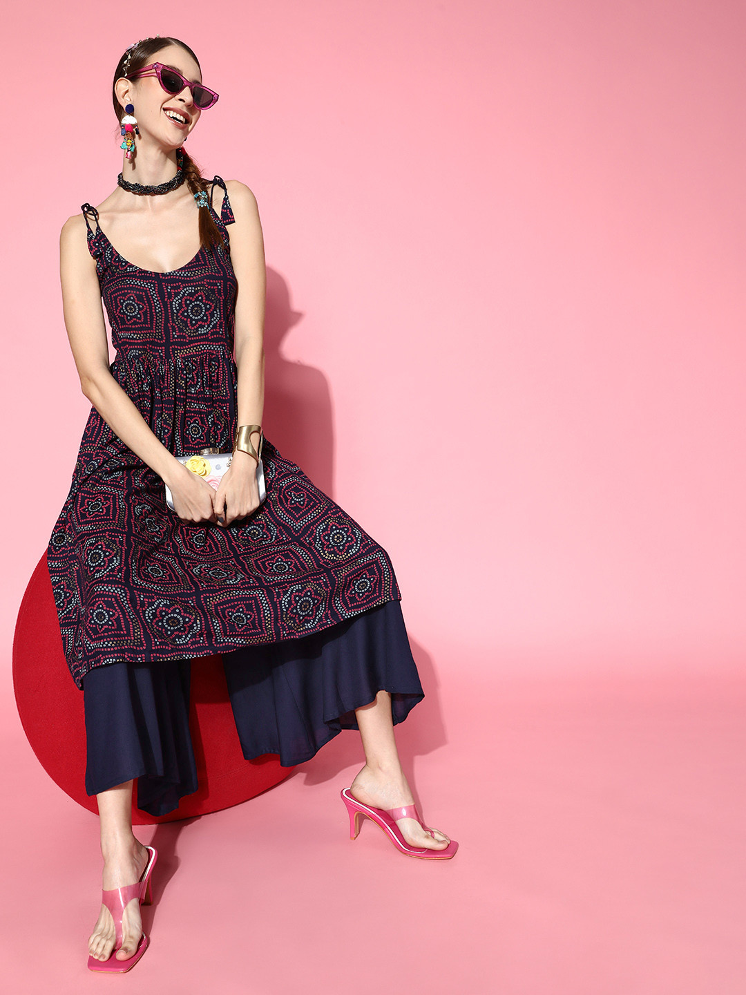 

InWeave Women Maroon & Navy Blue Bandhani Print Pleated Kurta with Palazzos