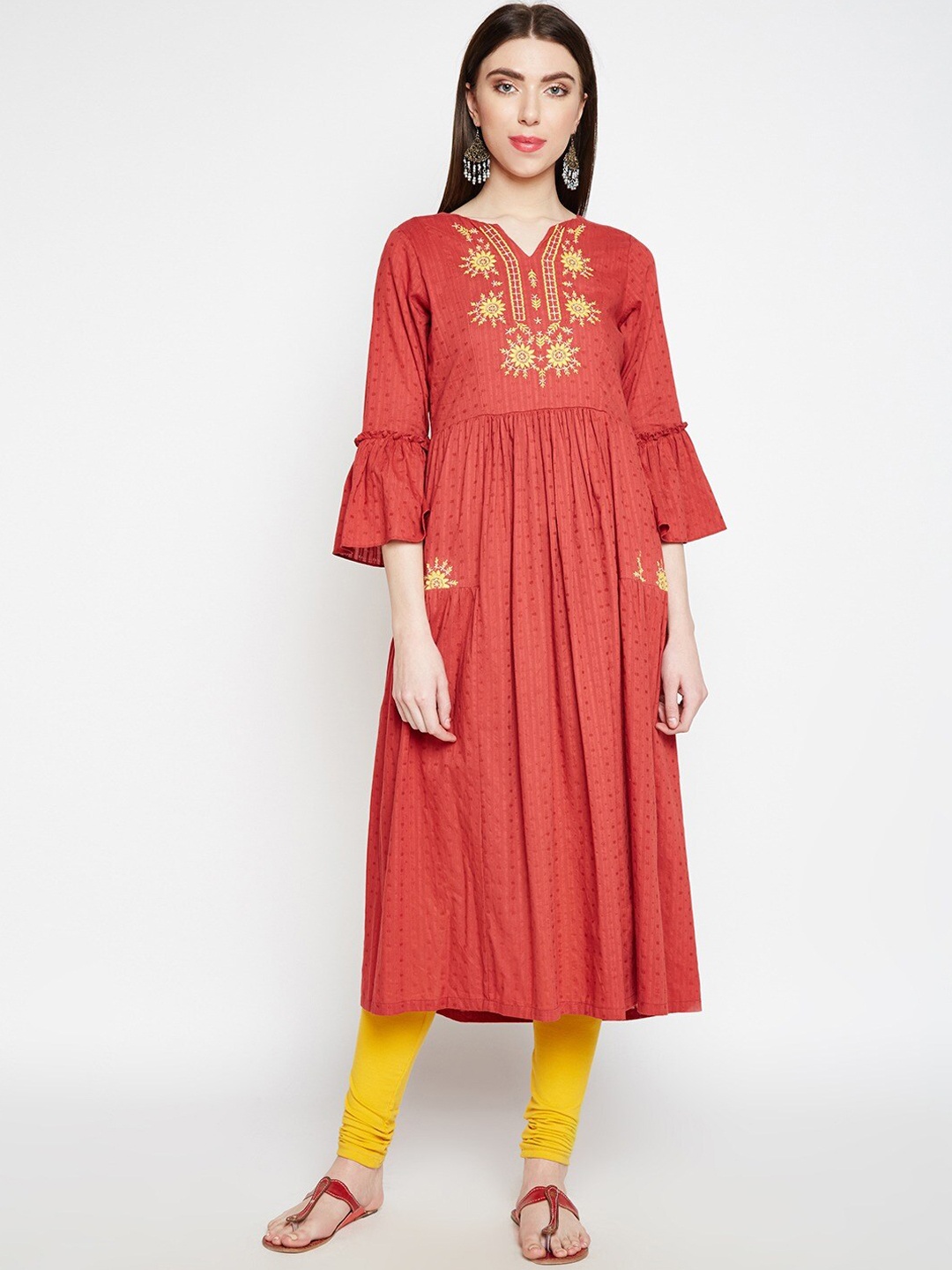 

Be Indi Women Rust Brown Flared Sleeves Thread Work Anarkali Kurta
