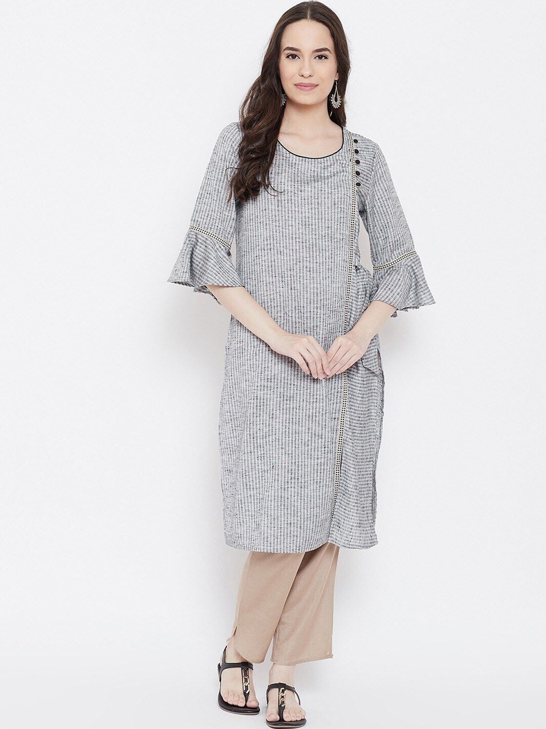 

Be Indi Women Grey Striped Flared Sleeves Kurta