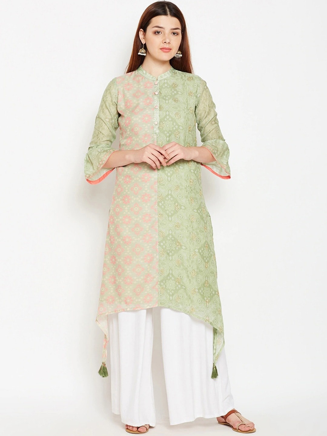 

Be Indi Women Green Quirky Striped Flared Sleeves Kurta