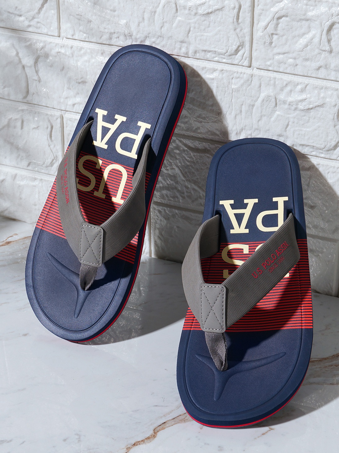 

U S Polo Assn Men Grey & Blue Printed Thong Flip-Flops