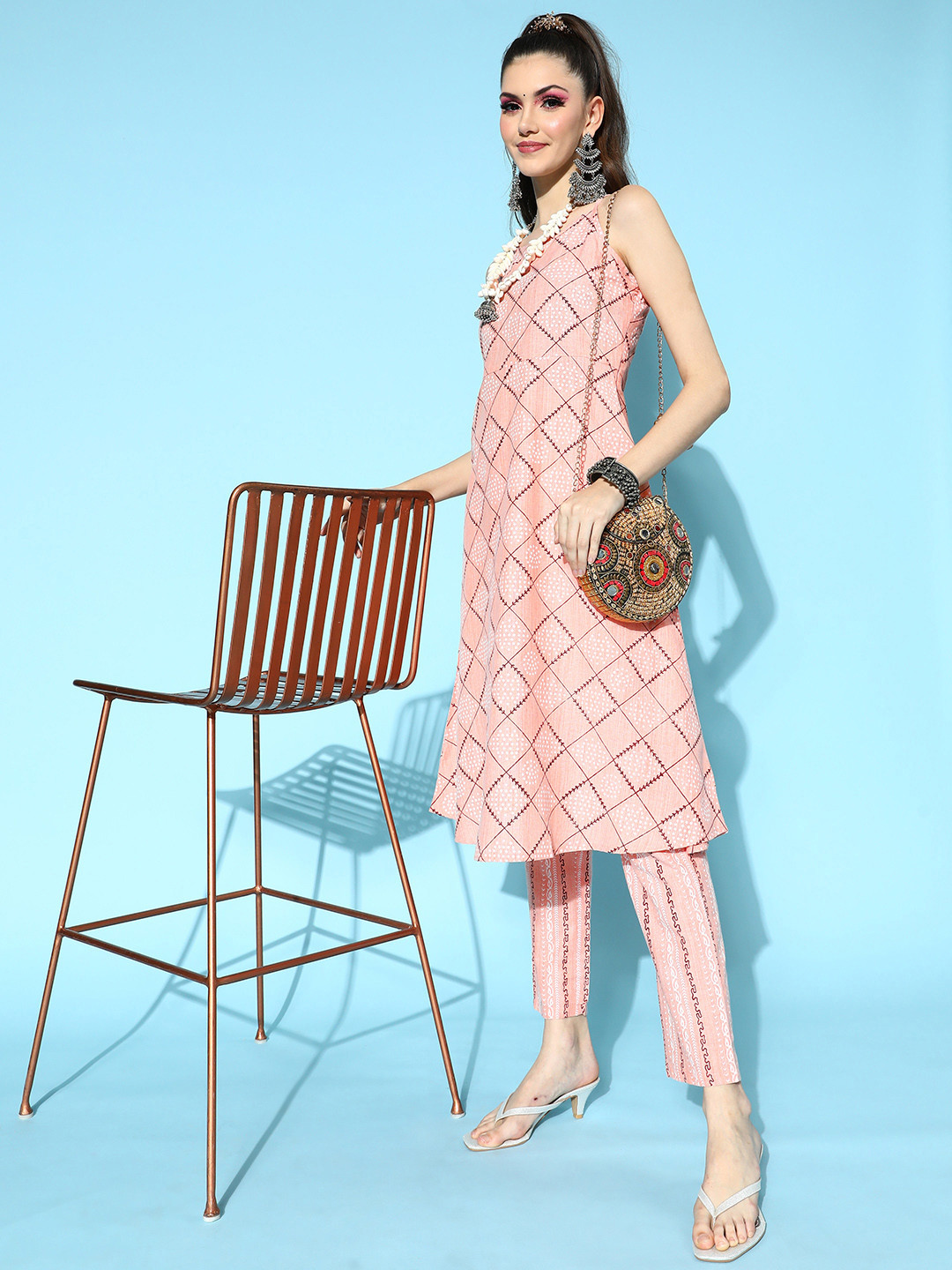 

Anouk Women Ethnic Motifs Polyester Spaghetti Straps Kurta Set, Peach