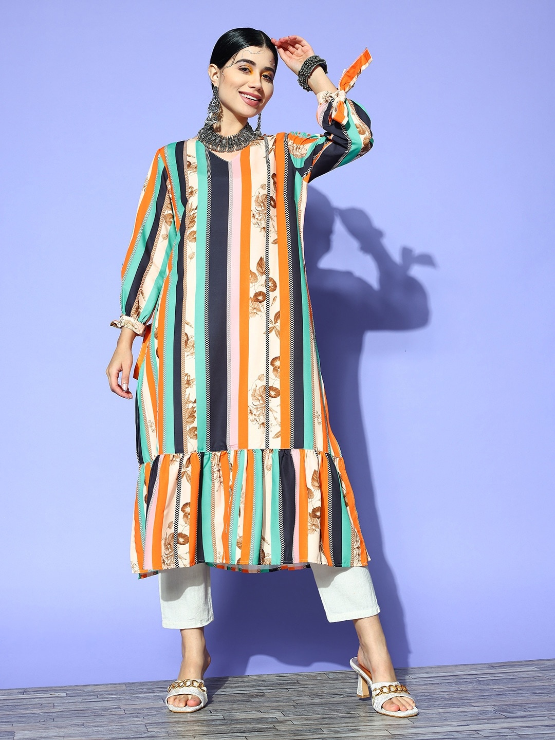 

Anouk Women Orange & Beige Striped Kurta