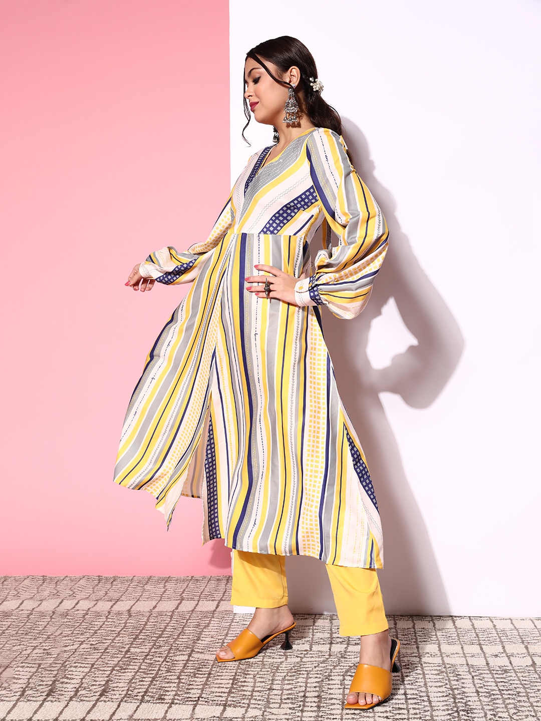 

Anouk Women Striped Polyester Vacation Stripes Kurta Set, Yellow