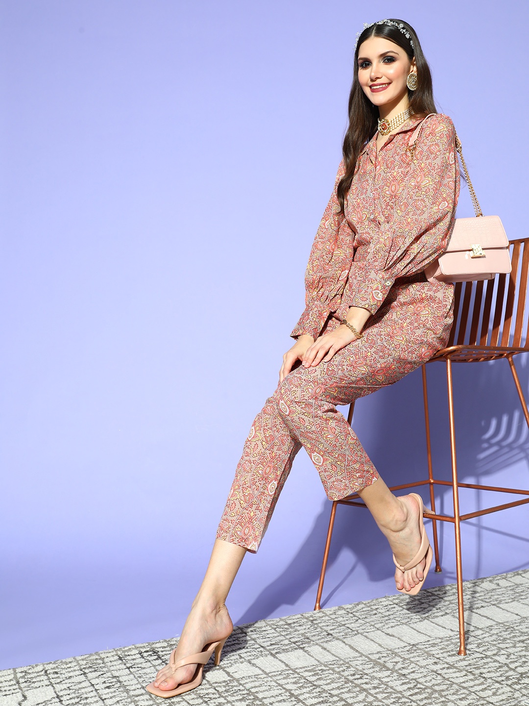 

Anouk Women Grey & Maroon Ethnic Print Pure Cotton Co-Ords