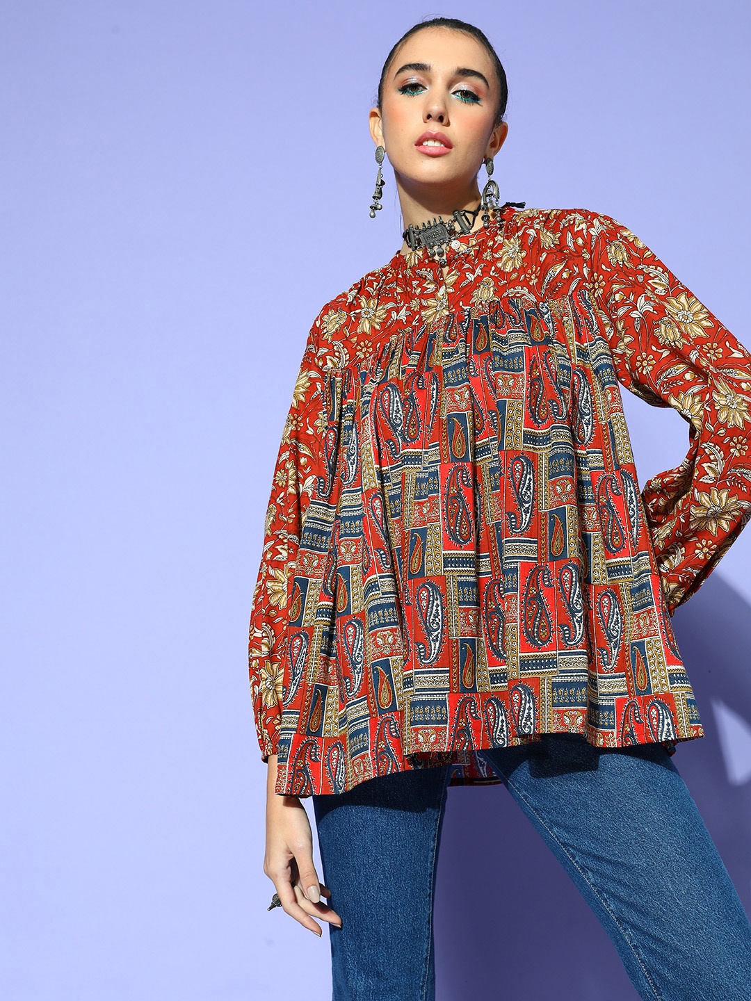 

Anouk Charming Maroon Ethnic Motifs Print Mix Top