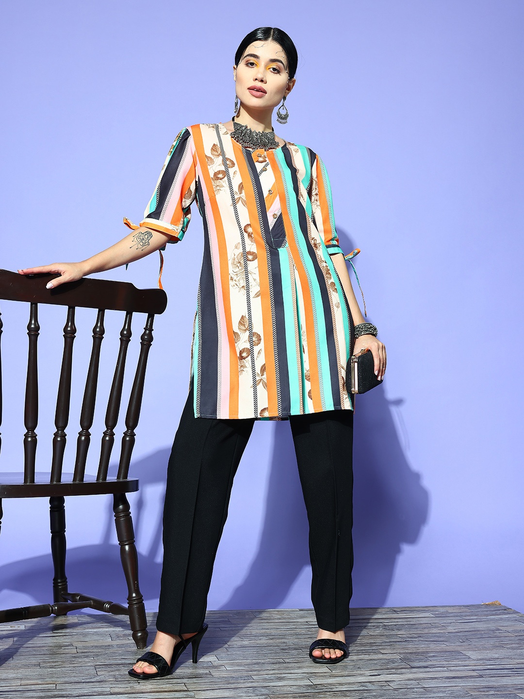 

Anouk Beige & Black Striped Kurti