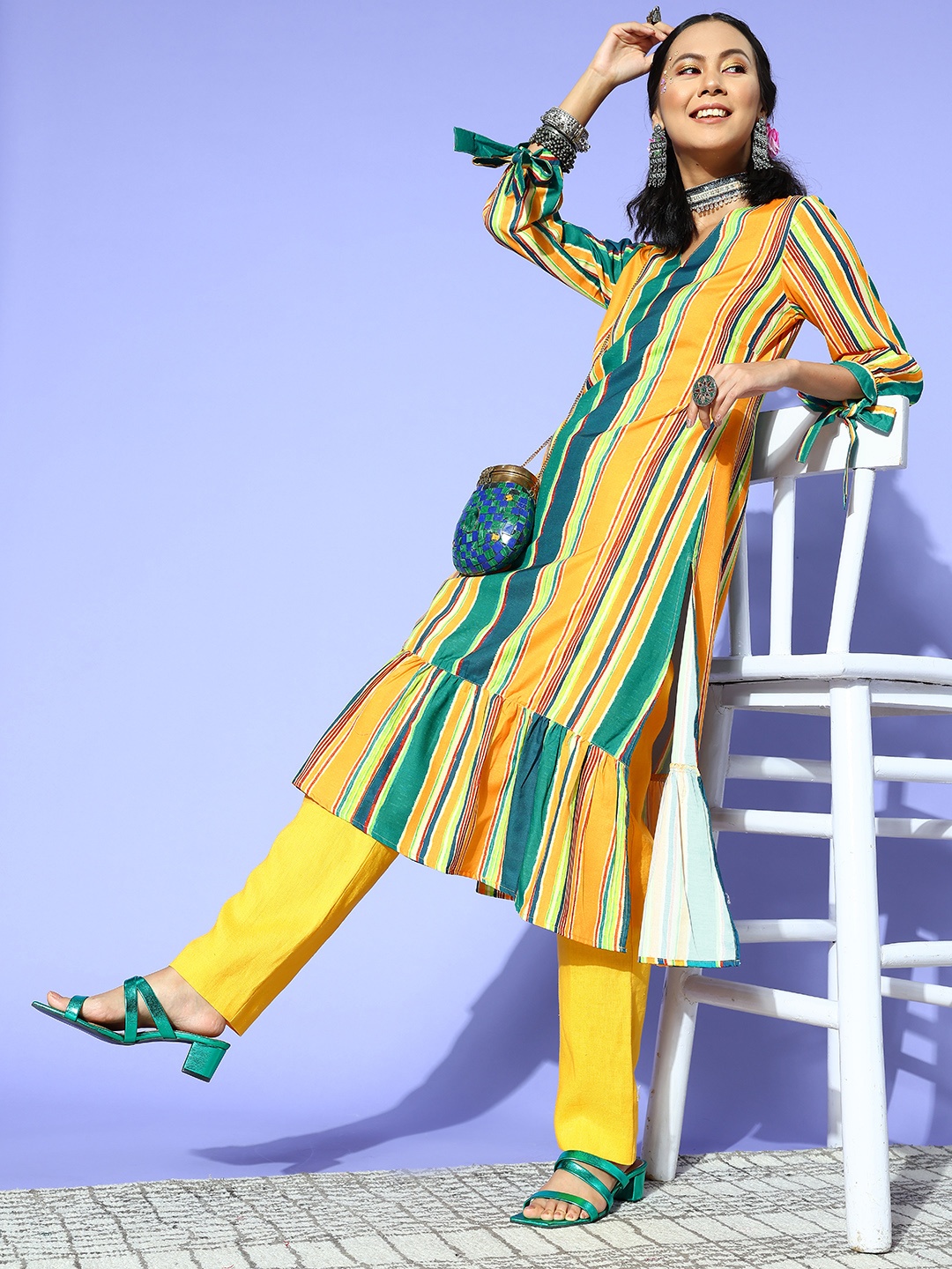 

Anouk Women Stylish Mustard Polyester Vacation Stripes Kurta