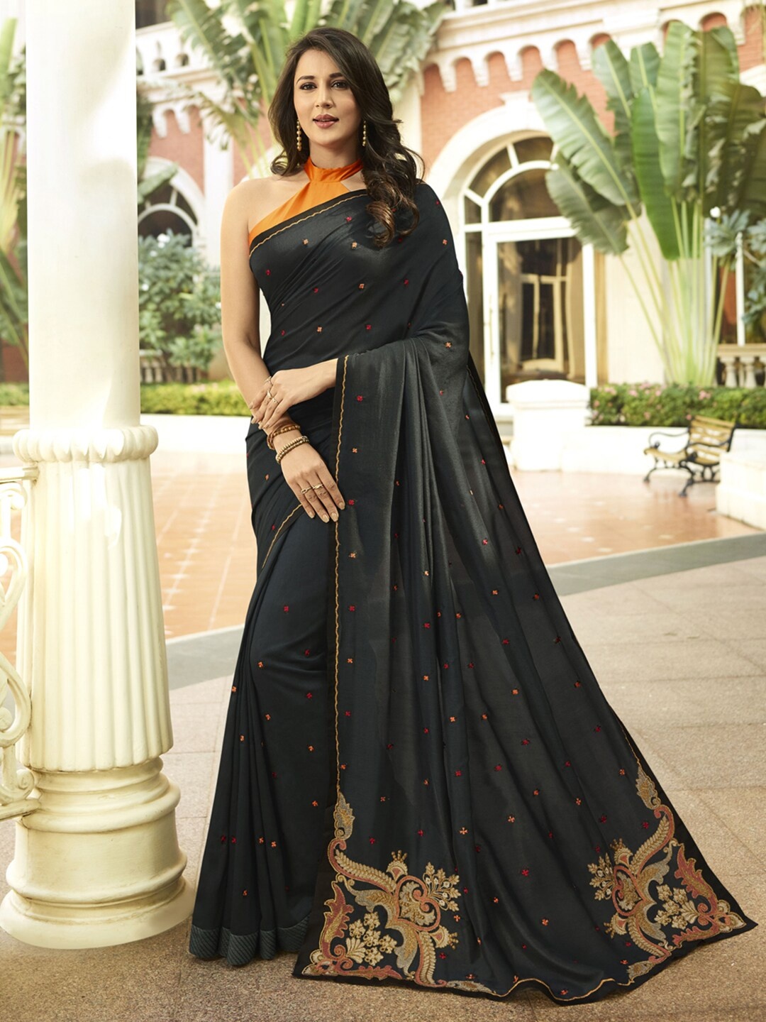 

Shaily Black & Red Ethnic Motifs Embroidered Silk Blend Saree