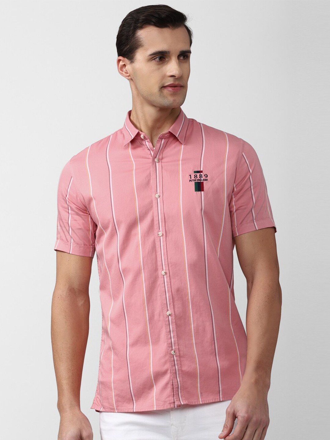 

Peter England Casuals Men Pink Slim Fit Striped Casual Shirt