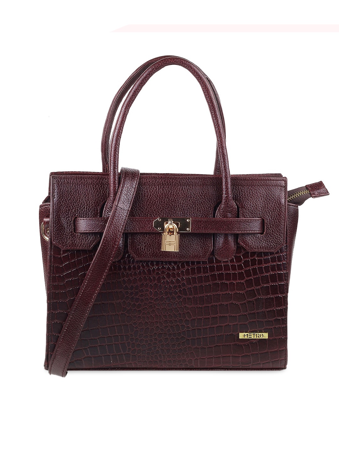 

Metro Brown Textured Leather Structured Handheld Bag with Quilted