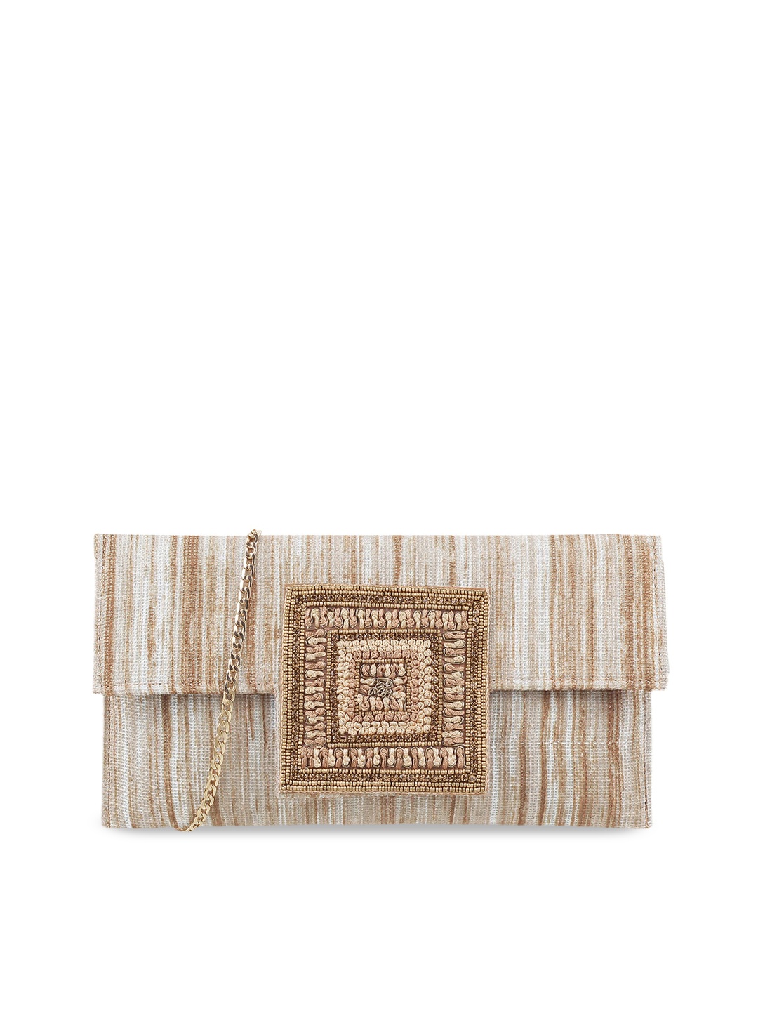 

Mochi Gold-Toned & White Embellished Envelope Clutch