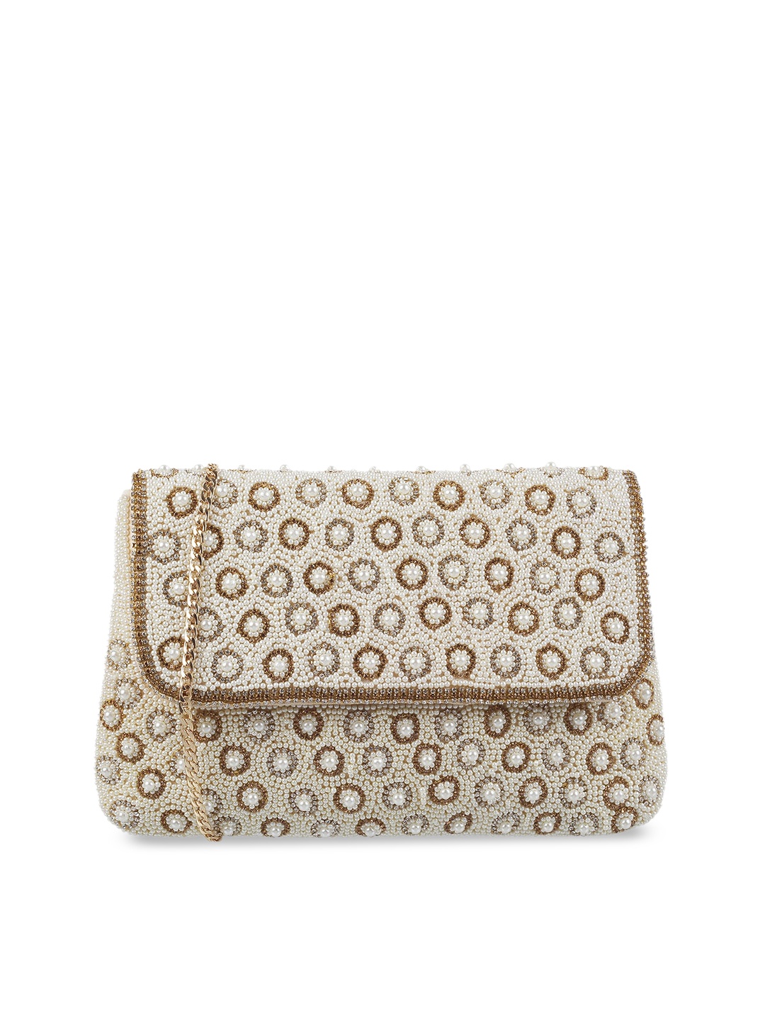 

Mochi Gold-Toned & White Embellished Envelope Clutch