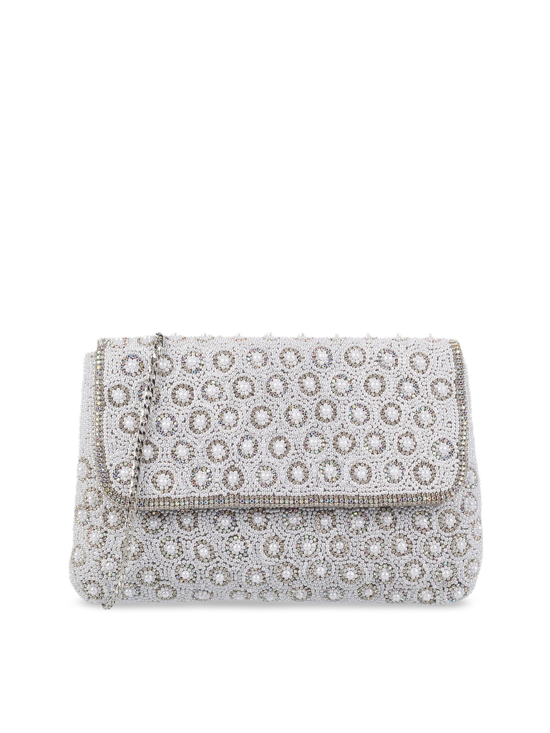 

Mochi Silver-Toned & White Embellished Envelope Clutch