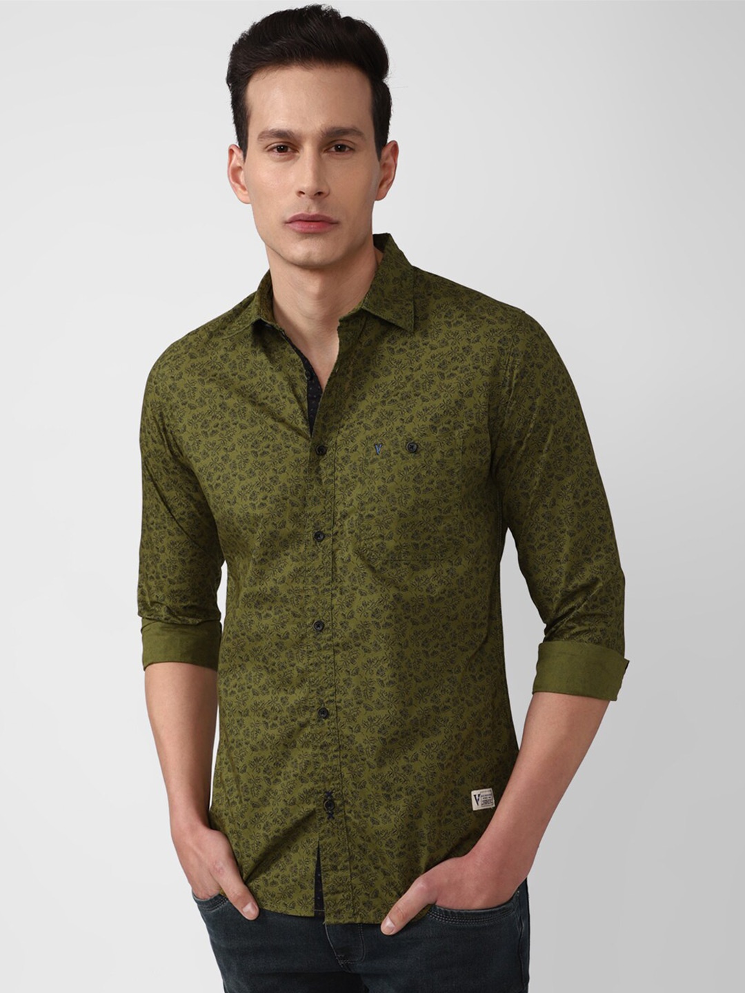 

VAN HEUSEN DENIM LABS Men Olive Green Slim Fit Floral Printed Casual Shirt