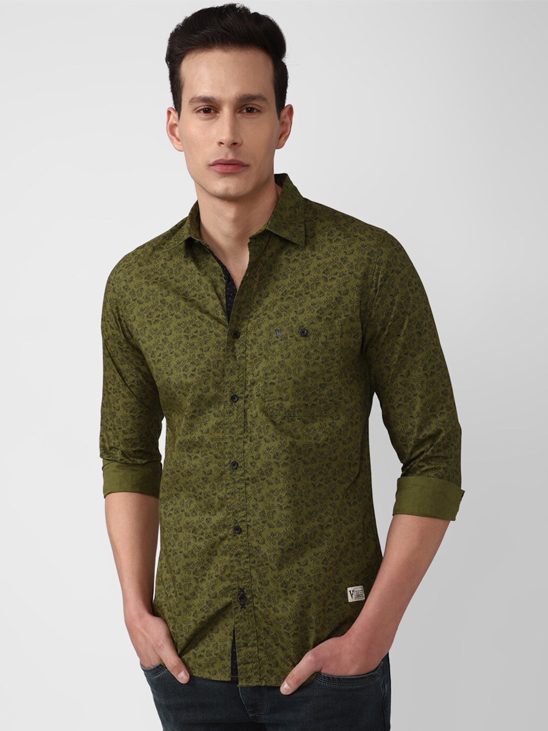 

VAN HEUSEN DENIM LABS Men Olive Green Slim Fit Floral Printed Casual Shirt