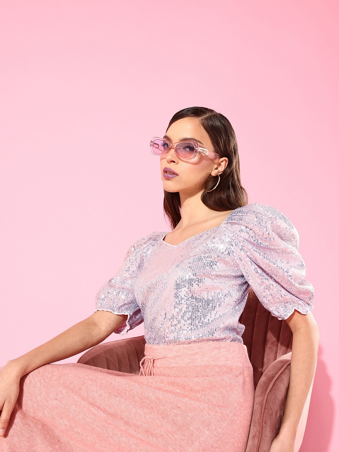 

Athena Pink Sequinned Sweetheart Neck Top