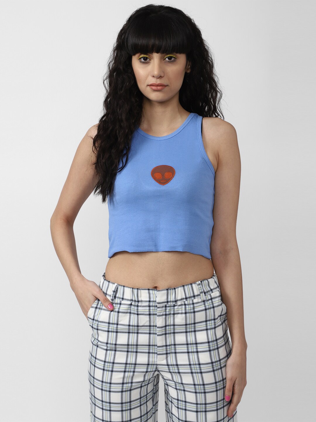 

FOREVER 21 women Blue Solid Tank Crop Top