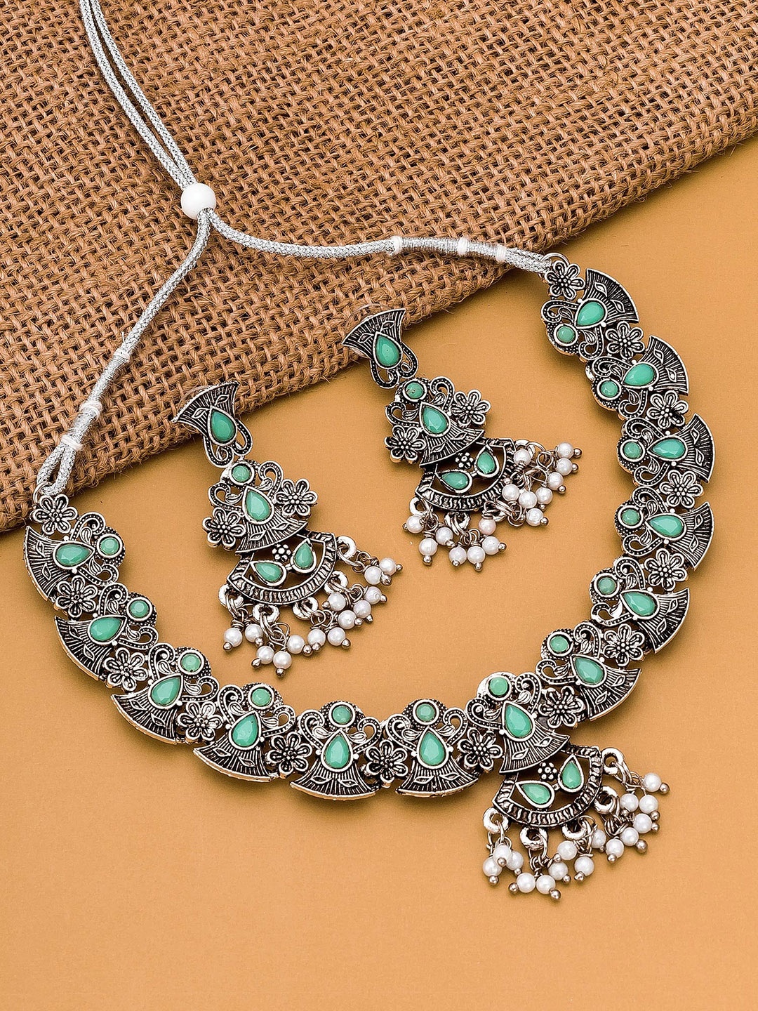 

aadita Green Silver-Plated Temple Choker Jewellery Set