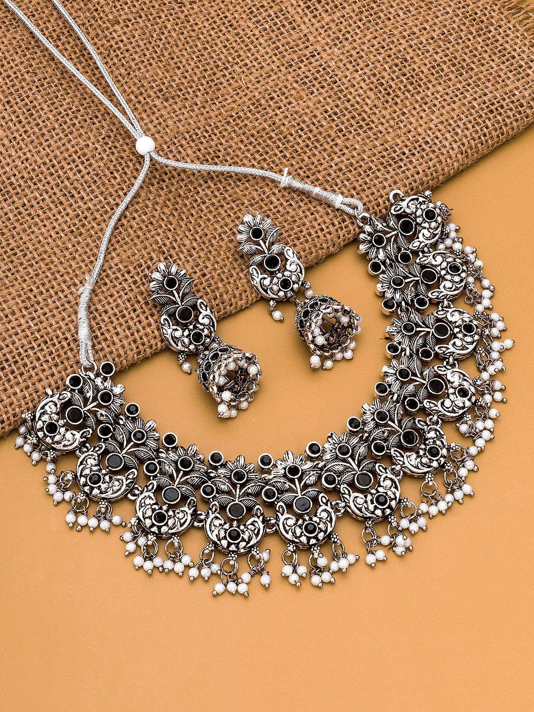 

aadita Silver-Toned Oxidized Beaded Jewellery Set
