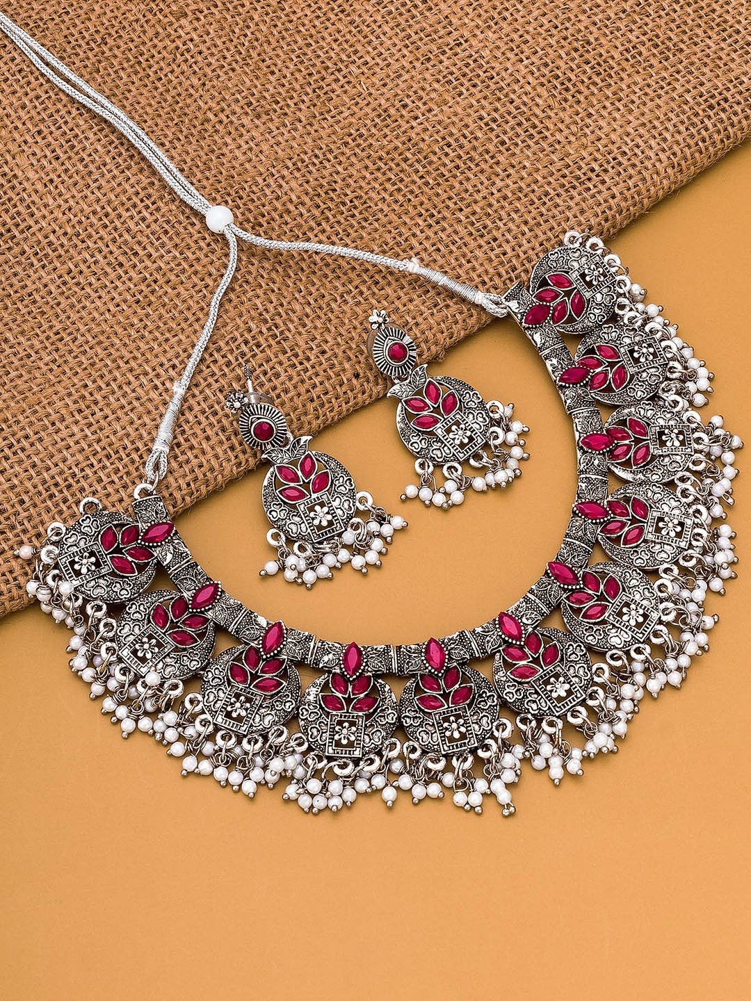 

aadita Silver-Plated & Pink Stone-Studded & Beaded Jewellery Set